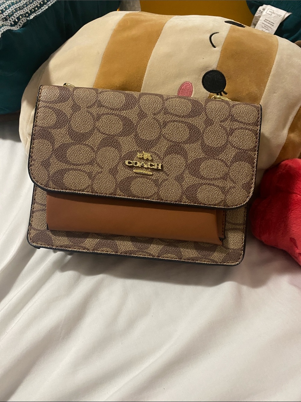 Coach Brown Signature Canvas Crossbody with Tan Leather Trim